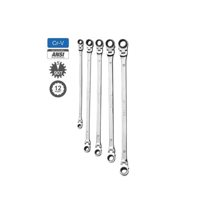 Metric Double Box Universal Spline Reversible Ratcheting Wrench Set