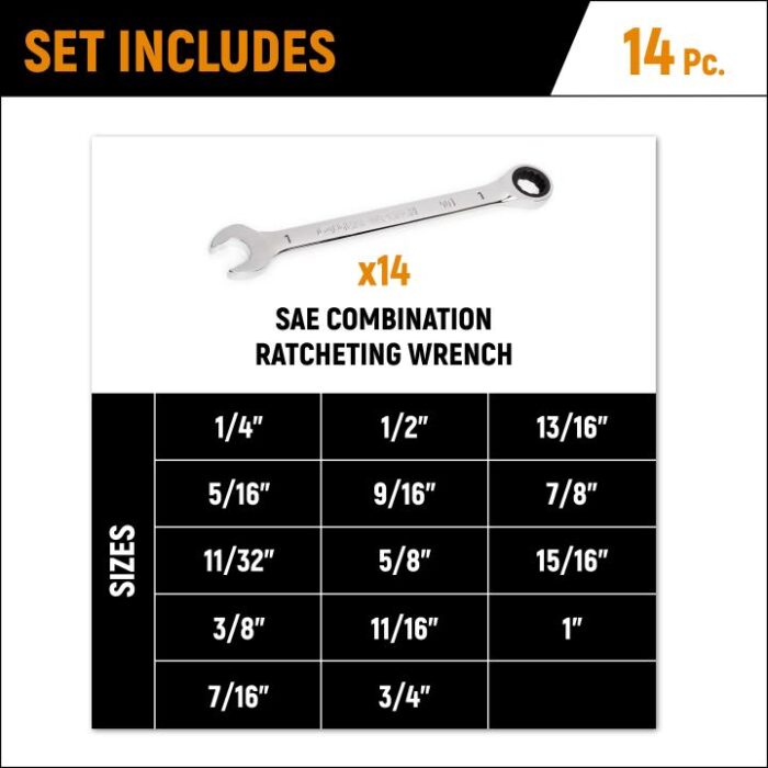 14 Pc 90-Tooth 12 Point SAE Combination Ratcheting Wrench Set - Image 3